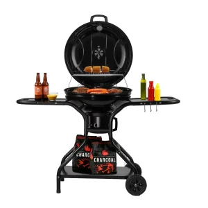 Asador de carbón de 22" 56 cm con termómetro, bandeja de cenizas y mesas laterales de acero inoxidable