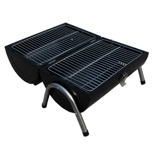 Asador de carbón portátil tipo barril con doble parrilla