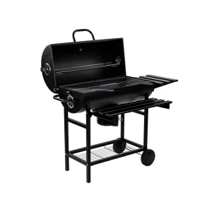 Asador de carbón tipo tambor con termómetro, bandeja de cenizas, mesa lateral y frontal