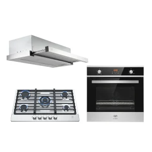 Tricombo Parrilla 5 quemadores 76 cm + Campana de pared extraible 80 cm - negro + Horno empotrable para gas LP 60 cm