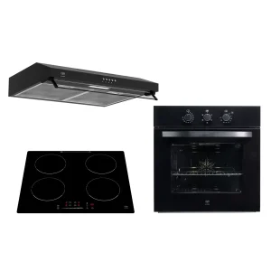 Tricombo Parrilla de inducción 4 quemadores 59 cm + Campana de pared con bisel de vidrio 60 cm + Horno empotrable eléctrico 67 L
