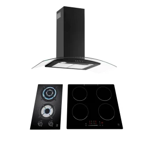 Tricombo Parrilla de gas 2 quemadores 31 cm + Parrilla de inducción 4 quemadores 59 cm + Campana de pared de 90 cm - negro