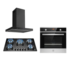 Tricombo Parrilla 5 quemadores 77 cm + Campana de isla 76 cm + Horno empotrable para gas LP 60 cm