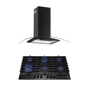 Combo Parrilla de gas 6 quemadores 90 cm + Campana de pared 90 cm con vidrio templado - negro